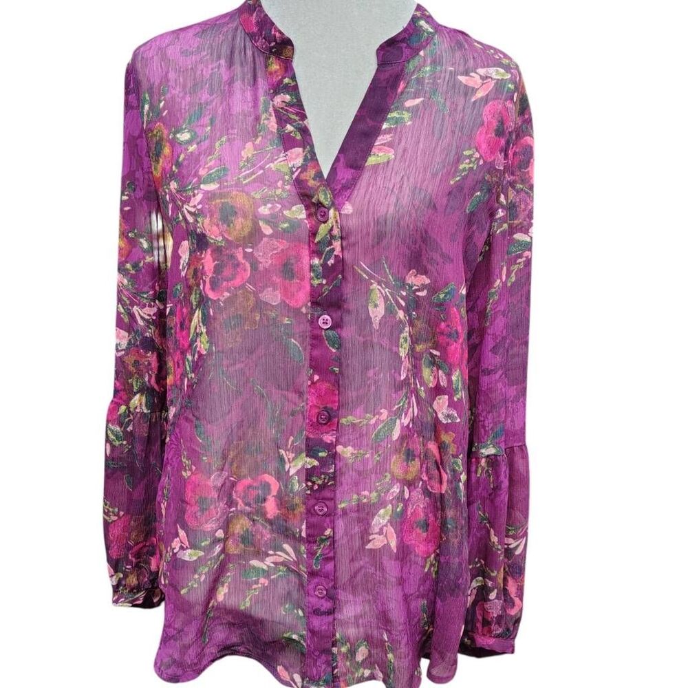 Kut From The Kloth Ruffle Cuff Sheer Floral Button Front Blouse Purple Magenta H